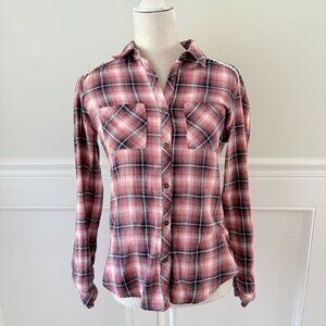 Jolt S Pink and Blue Plaid Long Sleeve Button Down with Aztec Back